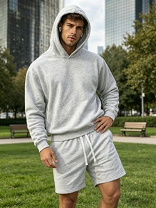Ensemble de sweat-shirt à capuche gris pour homme, ensemble décontracté en tissu molletonné uni, short assorti, tenue de printemps, tissu doux et confortable - Product Image 5