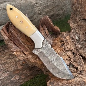 Custom Handmade Camping Hunting <b>Knife</b> with Drop Point Blade Straight Edge Damascus Steel <b>Bone</b> <b>Handle</b> and Leather Sheath - Product Image 3