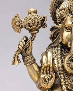 Estatua de Ganesha de 13 Pulgadas en Latón sobre Base de Madera, Estilo Art Deco, Pop Art, Religiosa, Ecológica, Hecha a Mano, Regalo para Diwali - Product Image 4