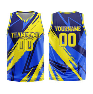 Camiseta de Baloncesto Personalizada con Cuello en V, Sin Mangas, Sublimada, de Malla Transpirable, Unisex para Adultos, con Estampado Geométrico, Nombre del Equipo 00, Amarillo y Azul - Product Image 2