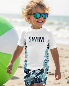 White Swim Letter Print Boy's T-Shirt and Shorts Set Casual Tropical Leaves Pattern Summer Outfit - Product Image 2