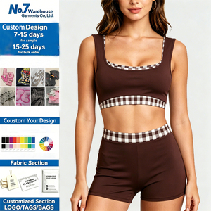 Conjunto Deportivo Personalizado con Ribete a Cuadros, Top Deportivo y Pantalones Cortos de Ciclismo para Mujer, Cintura Alta, Ropa Deportiva Informal, Conjunto de Yoga de Dos Piezas - Product Image 5