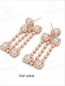 Elegantes pendientes de lujo con borlas, elaborados en oro rosa de 18K de primera calidad, con diamantes de corte esmeralda rodeados por un halo de micro pavé. - Product Image 6