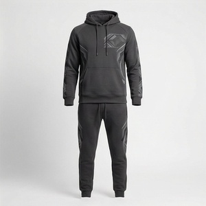 Men's Black Hooded <b>Tracksuit</b> Geometric Print Sporty Sweatshirt And Pants Set Full Length Drawstring Closure Breathable Polyester - Product Image 1