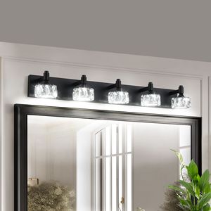 Moderna Lampada da Parete a 5 Luci LED Nera Opaca con Eleganti Paralumi in Cristallo per Bagno - Product Image 1