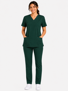 Tenues médicales respirantes personnalisables avec logo – Ensemble de blouses et pantalons à col en V, extensibles et doux, à manches courtes, pour hôpital et infirmières - Product Image 2