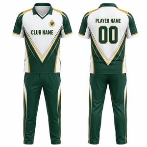Uniforme de Cricket Personalizado con Sublimación, Unisex, 100% Poliéster, Conjunto Deportivo Verde, Blanco y Dorado, Transpirable, sin Costuras - Product Image 1