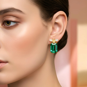 Luxury Insect <b>Stud</b> Earrings 18K Gold <b>Emerald</b> Cut Green Stone Diamond Wings Women Party Jewelry - Product Image 3