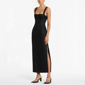 Satin Silk Women Clothing Wholesale Square Collar Elegant Straight Maxi Dress Strap Sexy High Split Sleeveless Party Solid - Product Image 1