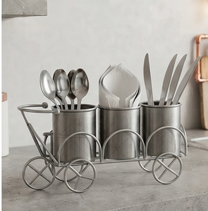 Porte-ustensiles cylindrique en métal, base circulaire, argenté métallisé, organisateur de couverts de cuisine, résistant à la rouille - Product Image 1
