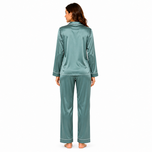 Pyjama décontracté pour femme en satin tissé 100 % polyester, manches longues, 2 pièces, motif uni, col cranté, lavable en machine, toutes tailles - Product Image 5