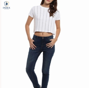 INDEX APPAREL Women's White Striped Crop <b>Top</b> O-Neck Short Sleeve Slim Fit Casual Spring Summer Wear - Product Image 1