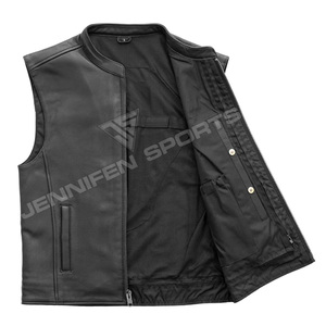 2026 Hot Selling Men's <b>Black</b> Leather Motorcycle <b>Vest</b> OEM Custom Design with Stylish Slim Fit Zipper Closing With Side Pockets - Product Image 3