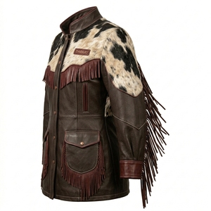 Manteau long en cuir pour femme, style western, col montant, marron foncé bordeaux, en cuir de vachette à poils, avec franges et pompons - Product Image 4