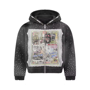 Sudadera con capucha extragrande con cremallera para hombre, negra, con pedrería, estilo vintage, estampado gráfico hip hop, unisex, ropa de calle - Product Image 6