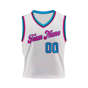 Ensemble de maillots de basket personnalisés, col en V, sans manches, sublimés, blanc, rose, bleu, bordure respirante, évacuation de l'humidité, 100% polyester, adulte - Product Image 5