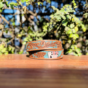 Ceinture en cuir Western Casino avec cuir peint de couleur turquoise travaillé à la main, ceinture Western - Product Image 2