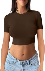 T-shirt court tendance pour jeunes femmes, couleur unie, sexy, en maille côtelée, manches courtes, style baby tee, pour l'été - Product Image 4