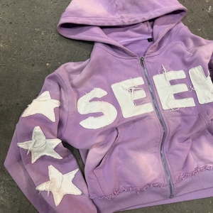 Sweat à capuche zippé oversize en jersey 100% coton, streetwear rose avec logo étoiles sur le devant, unisexe, service OEM - Product Image 5