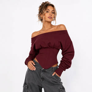 Chemise pour femme à manches longues, style corset, épaules dénudées, beige, avec broderie personnalisée et dos lacé, style streetwear boutique - Product Image 4