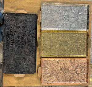 Rectangular Embossed Metal Serving <b>Tray</b> Set of 2 Large Silver Floral Decorative Platters with Wooden <b>Side</b> Handle or Coffee <b>Table</b> - Product Image 2