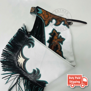 Pantalones de montar de cuero estilo western para hombre con flecos color verde azulado, diseño floral cruzado hecho a mano y costuras decorativas – Pantalones de equitación vaqueros - Product Image 5