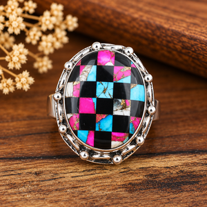 Bague ovale en argent turquoise à motif carreaux et coton-rouge, style bohème western, avec pierre précieuse, bijou fantaisie du sud-ouest pour femme - Product Image 3