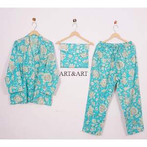 Ensemble de pyjama long pour femmes, imprimé floral romantique, 100% coton, boutons, taille élastique, respirant, séchage rapide, doux, été - Product Image 6