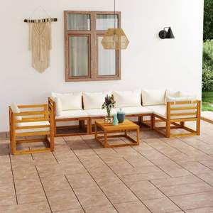 Ensemble de salon patio en bois d'acacia massif crème de 7 pièces avec coussins pour le jardin - Product Image 1