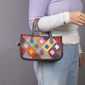 Ando Bag Genuine Cowhide Leather <b>Small</b> <b>Handbag</b> <b>Women</b> Colorful Diamond Patchwork with Detachable Shoulder Strap - Product Image 2