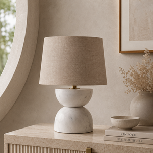 Refined <b>Marble</b> Decorative Lamp With Elegant Double Curve Profile Neutral Fabric Shade And High End Modern Beauty - Product Image 1