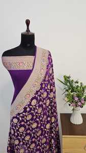 Sari en soie authentique Banarasi Khaddi Chiffon Georgette, tissé à la main, teinture Rangkat, pour occasions traditionnelles, bordure Zari de luxe - Product Image 3