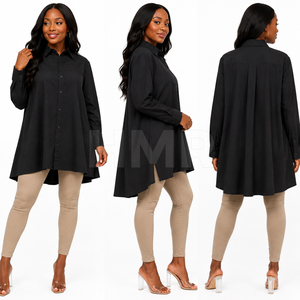 Chemise longue en popeline noire HMR Sorority Sisterhood, col asymétrique, boutonnée, coupe ample, minimaliste, manches longues, couleur unie - Product Image 5