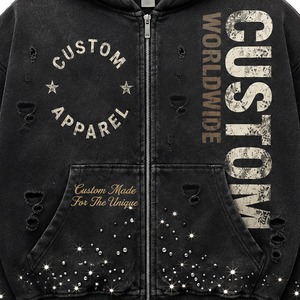 Sudadera con capucha negra personalizada con cremallera, efecto desgastado, bordado de estrella de diamantes de imitación y estampado de llamas, estilo urbano, unisex - Product Image 5