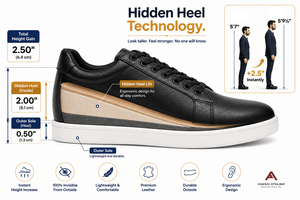 Zapatillas de cuero genuino negro con puntera sólida, cordones, tacón oculto, suela de goma transpirable, que aumentan la altura, para todos. - Product Image 2