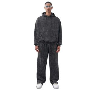 Conjunto de chándal lavado con ácido para hombre, ropa de calle lavada con ácido de rizo francés pesado, Sudadera con capucha y pantalones de pierna ancha - Product Image 1