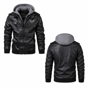 Veste à capuche en cuir PU noir pour homme, coupe slim, style motard, fermeture éclair, hiver, streetwear décontracté - Product Image 1