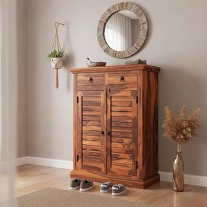 Meuble à chaussures en bois massif Sheesham pour la maison avec 2 portes, 4 étagères et 2 tiroirs - Armoire à chaussures en bois pour la maison - Bois - Product Image 1