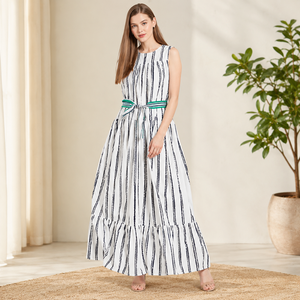 Vestido Largo sin Mangas con Estampado de Puntos Blancos para Mujer, con Cinturón Verde, Estilo Casual Holgado, Transpirable, de Algodón, con Borlas y Capas Transparentes, para Verano - Product Image 1