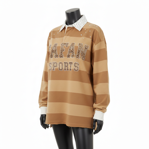 Camiseta de Rugby para Mujer, Tejido Jersey de Algodón Grueso de 260 GSM, Color Marrón Beige con Paneles a Rayas, Logotipo con Pedrería, Personalizada - Product Image 4
