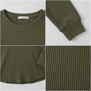 Waffle Cotton Oversized Long Sleeve T Shirt Crew Neck Ribbed Cuff <b>Thermal</b> Waffle Knit Casual <b>Top</b> for Women - Product Image 5