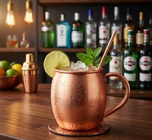 Mug à cocktail en cuivre pur plaqué – Mugs en cuivre de luxe pour Moscow Mule avec cuillère mélangeuse – Accessoires de bar professionnels - Product Image 1