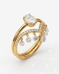 Anillo de compromiso de oro macizo de 14K con diamante ovalado cultivado en laboratorio, conjunto con banda de boda colgante de flecos en chevron y anillos apilables de gota para ella - Product Image 6