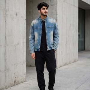 Manufacturer of Vintage Washed Denim Jacket Men Zip Up Cotton Polyester <b>Jeans</b> Coat Distressed Streetwear for Spring Autumn - Product Image 2