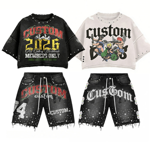 Custom State 2026 Printed <b>Crop</b> <b>Top</b> & Denim Shorts Set Men Streetwear Summer Two-Piece Outfit - Product Image 5