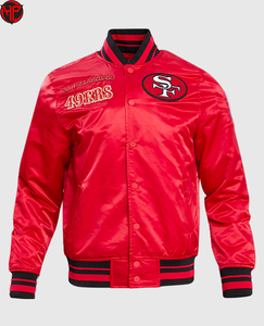 Veste universitaire en satin brodée des San Francisco 49ers pour homme, noire avec patchs rouges, boutonnée, style décontracté, tenue d'équipe - Product Image 5