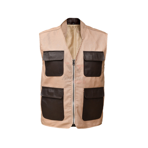 Chaleco de Lona para Hombre con Cierre de Cremallera, Bolsillos de Cuero, Estilo Casual de Otoño, Diseño con Cuello en V, Color Sólido, Chaleco Utilitario - Product Image 1
