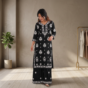ชุดคุर्ติปักลายขาวดำทรงหลวมสไตล์พื้นเมืองสำหรับผู้หญิงใส่ลำลอง - Product Image 1