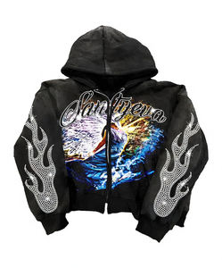 Sweat à capuche zippé surdimensionné en coton biologique 100% épais, délavé à l'acide, avec strass, coupe courte, style streetwear, sérigraphie personnalisée - Product Image 6