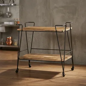 Chariot de bar industriel en métal et bois à deux niveaux, étagère de rangement roulante pour cuisine, mobilier de bar moderne pour la maison - Product Image 6
